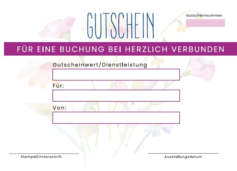 Gutschein innenseite mit den Feldern Gutscheinnummer, Wert, von wem und für wen